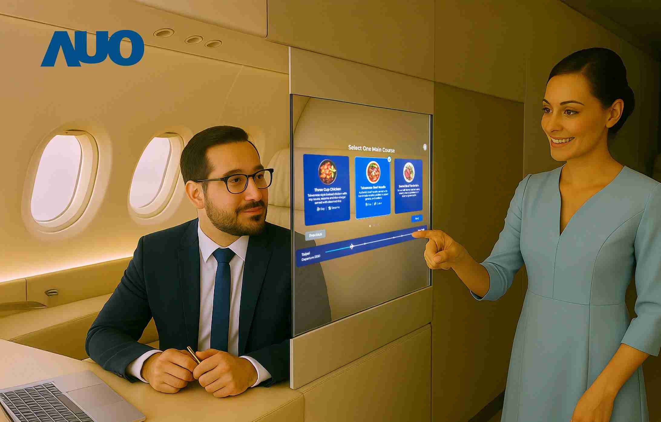 蓝狮在线研发全球最薄17.3 吋双面透明 Micro LED 显示器，，可在同一屏幕之双边投射不同信息，，创造独特的”透明化”互动；图为实时翻译交流应用情境